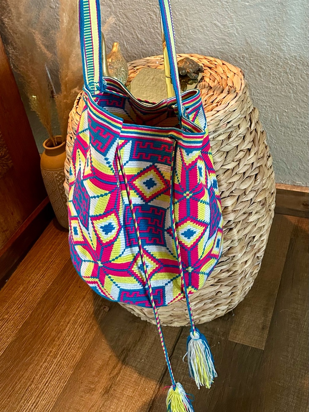 Authentic Wayuu Mochila Bag Large Neon Geometric Colombian Crochet Bucket Purse